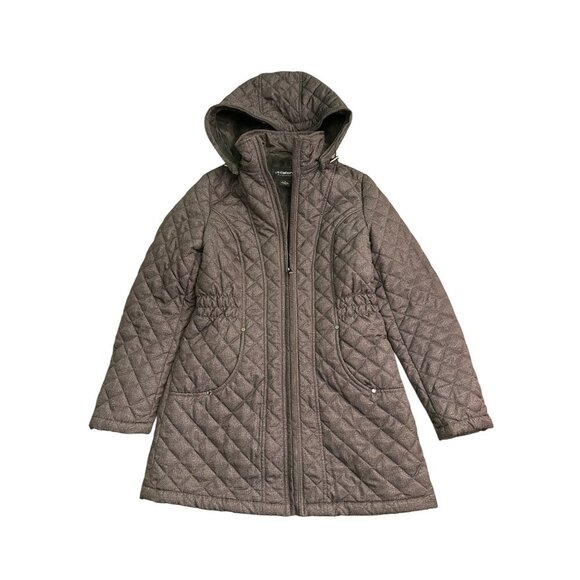 Liz Claiborne Womens Quilted Hooded Coat Faux Fur Lining Size S Gray Full Zip - Picture 1 of 8
